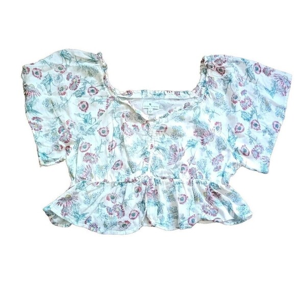 True Craft Crop Shirt Size Large Floral Square Neck Flare Sleeves Stretch Sheer - Picture 1 of 6